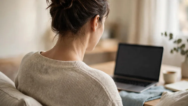 Close-up of a person's upper back and shoulders in a relaxed seated posture next to a laptop