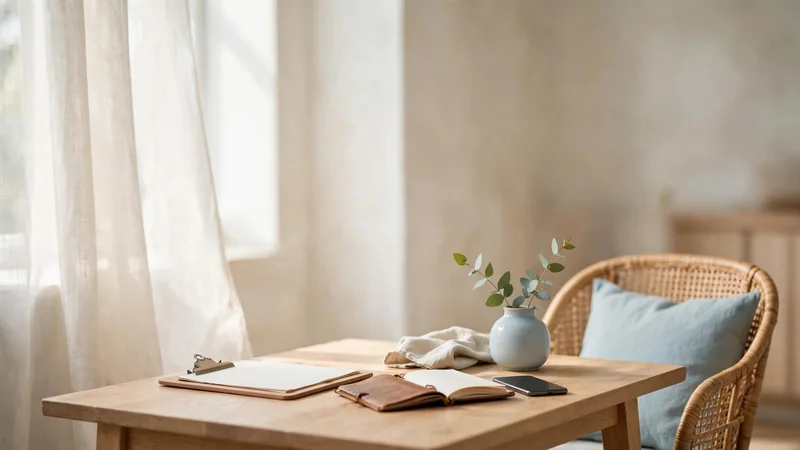 A wooden table with a clipboard, an open notebook and a phone beside a wicker chair, in soft window light