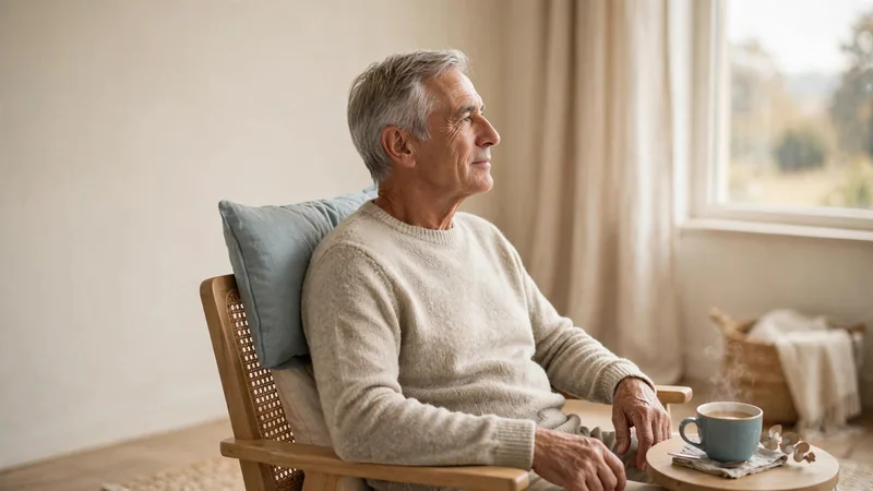 Older adult sitting upright in a sunlit chair beside a window, with a cup of tea on a side table