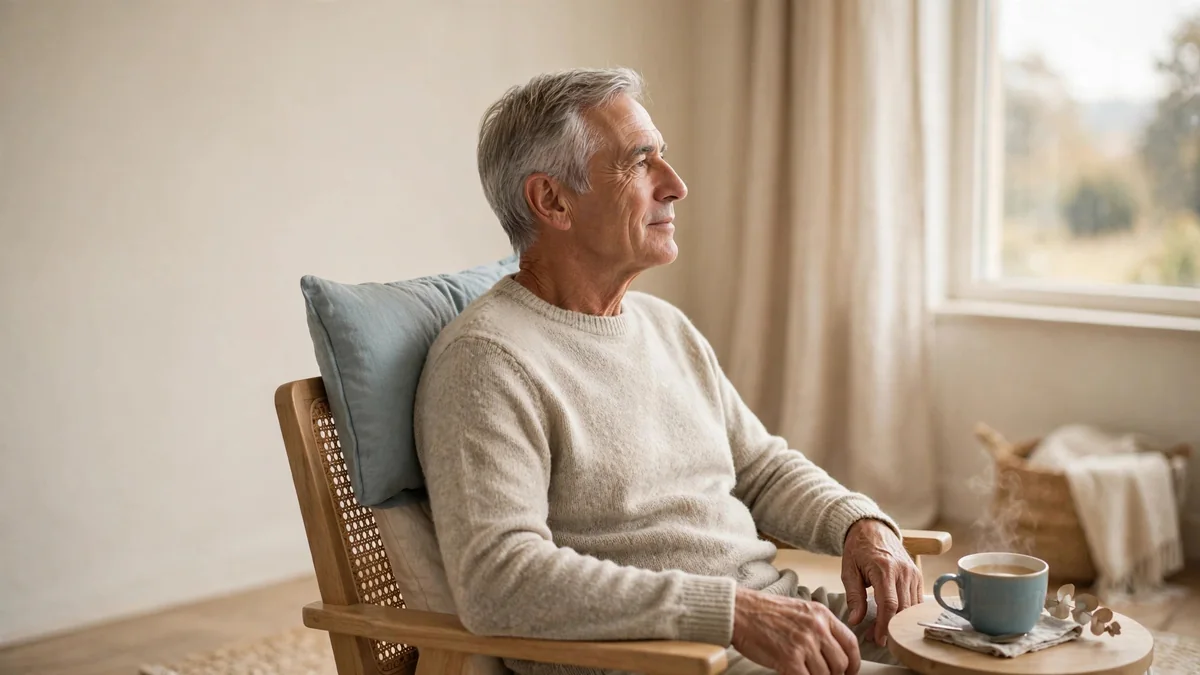 Older adult sitting upright in a sunlit chair beside a window, with a cup of tea on a side table
