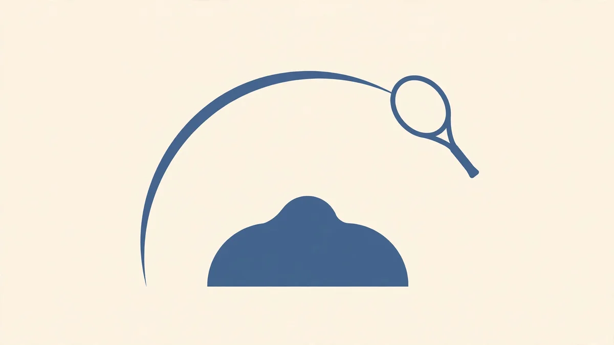 A flat slate-blue illustration on cream of a racket tracing a wide overhead swing arc above an abstract shoulder and torso shape.