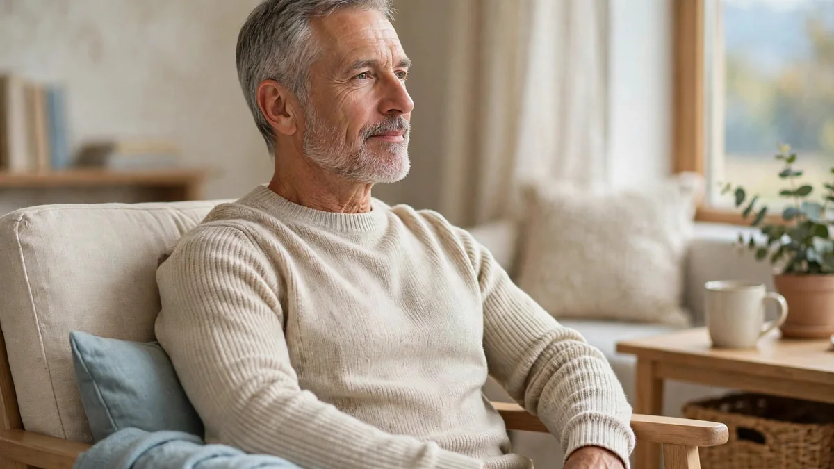 An older man with grey hair and a beard sits relaxed in a cream armchair with a pale-blue cushion and throw, a mug on the side table.