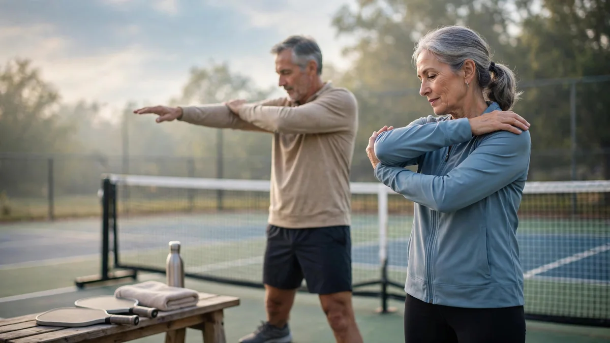 Two adults in athletic clothing stretching their arms on an outdoor pickleball court in morning light