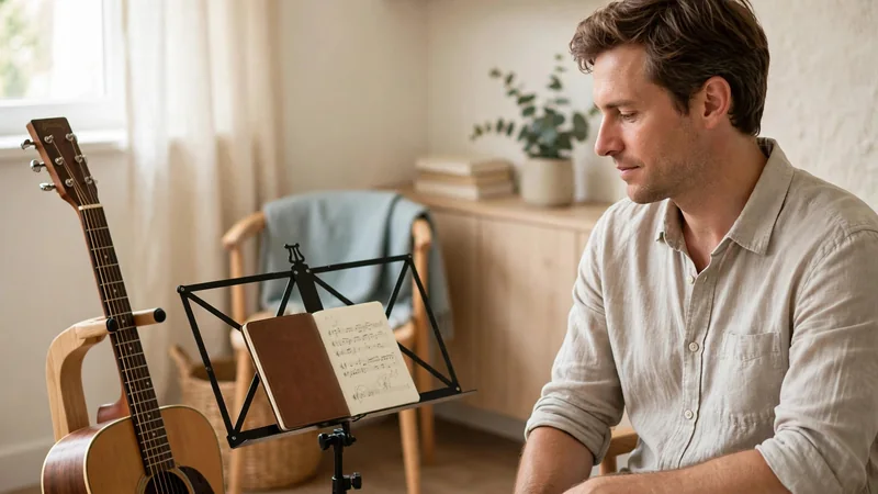 Guitar resting on a stand next to a music stand and a small notebook in a bright practice room