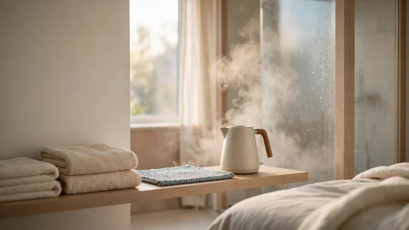 Steam rising from a shower, with a folded towel and a small mat on a bathroom shelf