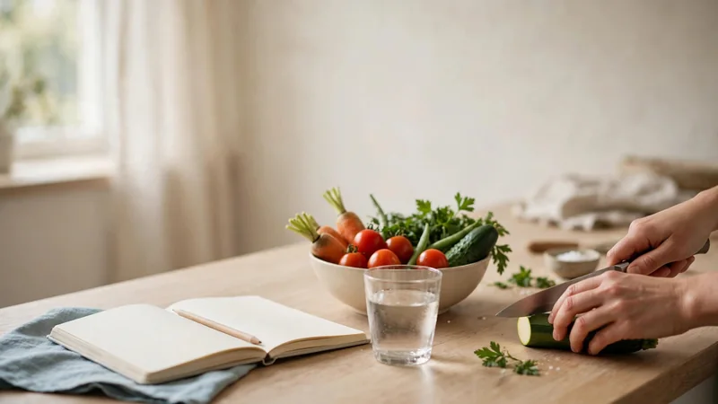 Kitchen counter with a bowl of fresh vegetables, a glass of water and a notebook for meal planning