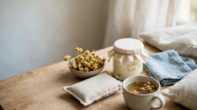 Dried yellow flowers in a small bowl beside a jar of herbal cream on a wooden table