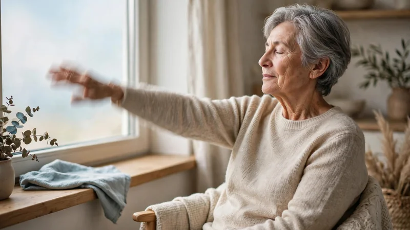 An older adult sitting in a chair by a window, gently stretching one arm in the daylight