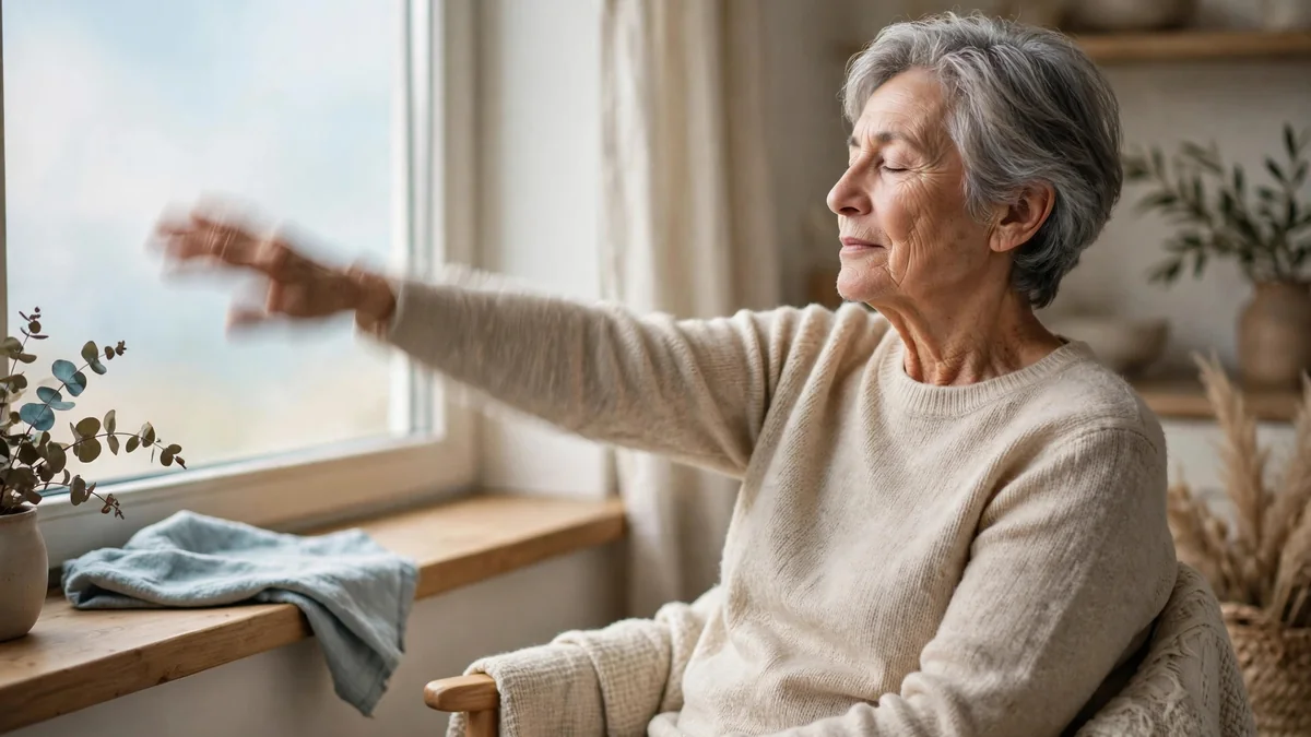 An older adult sitting in a chair by a window, gently stretching one arm in the daylight