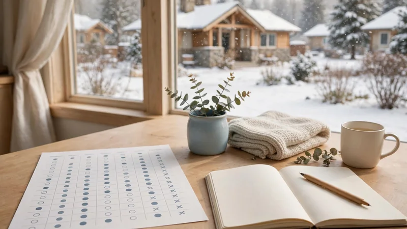 A notebook and pen beside a printed weekly exercise chart on a sunlit kitchen table