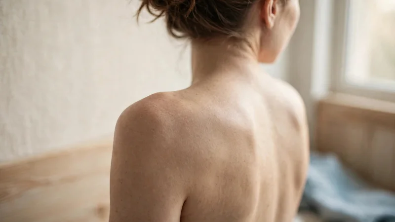 Diagram-style photo of a person's bare shoulder and upper back in soft natural light