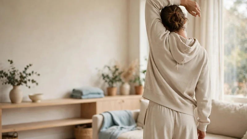 A person in loose activewear stretching gently, seen from behind in a bright studio