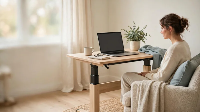 A height-adjustable desk in a bright home office with a laptop and a small plant