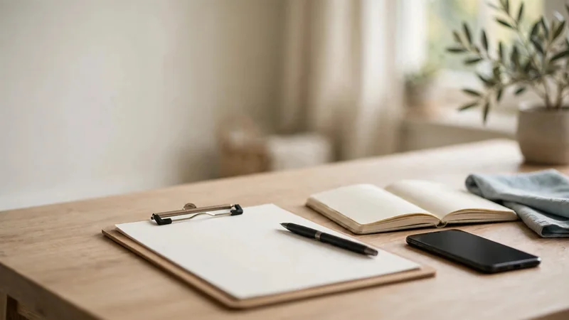 A clipboard and pen resting on a wooden desk beside an open notebook and a phone, in soft daylight