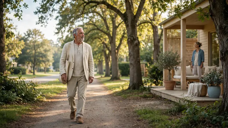 An older adult walking slowly along a tree-lined path on a calm sunny morning