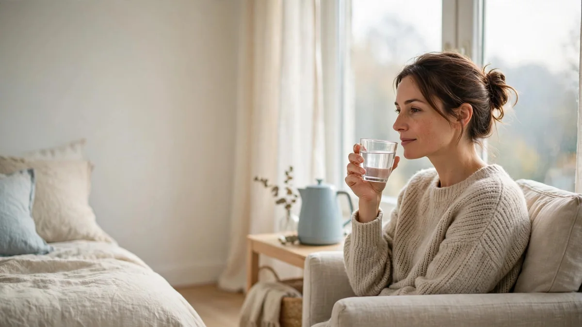 A person sitting in an armchair by a window in the morning, lifting a cup of water with a calm expression