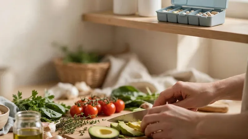 Hands preparing vegetables on a wooden kitchen table in soft daylight