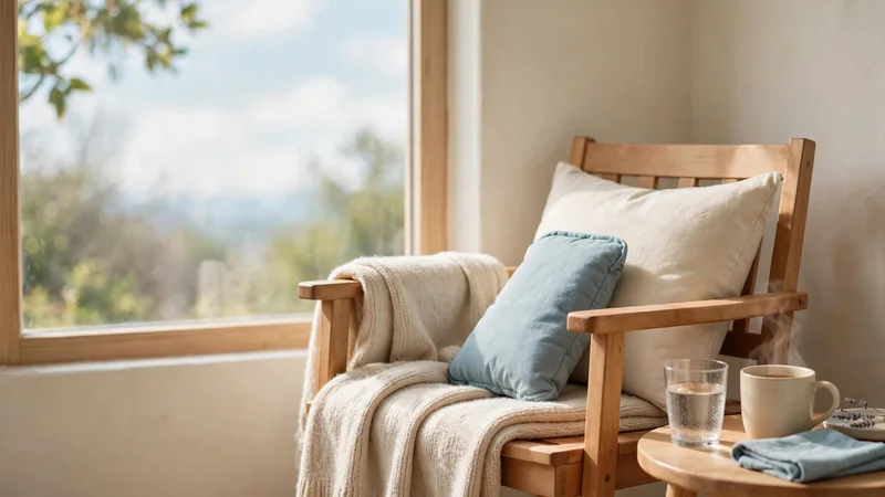 A simple wooden armchair beside a window with a folded blanket and a glass of water on a small side table