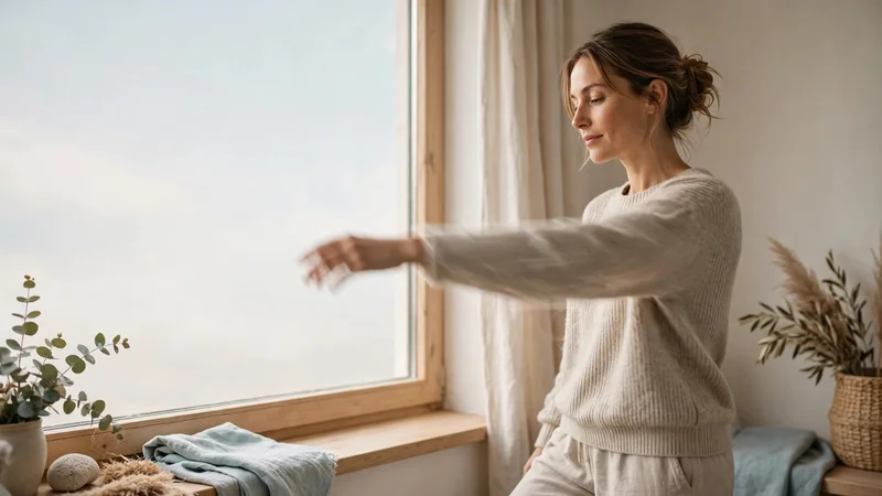 A woman in comfortable clothes doing gentle arm reaches beside a window in a bright, uncluttered room