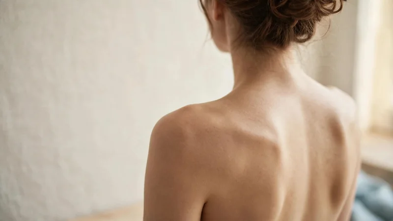 A simple line drawing style photo of a person's upper back and shoulders, lit softly against a plain background