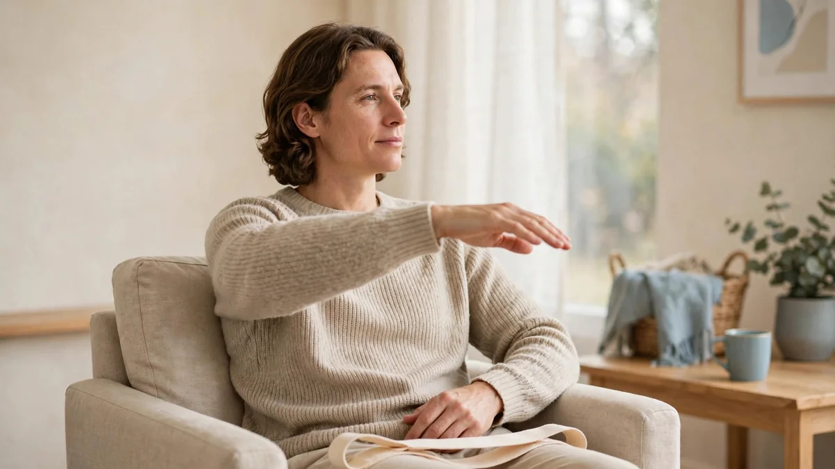 A person in an armchair with a light elastic-free strap draped across the lap, sitting upright with relaxed shoulders
