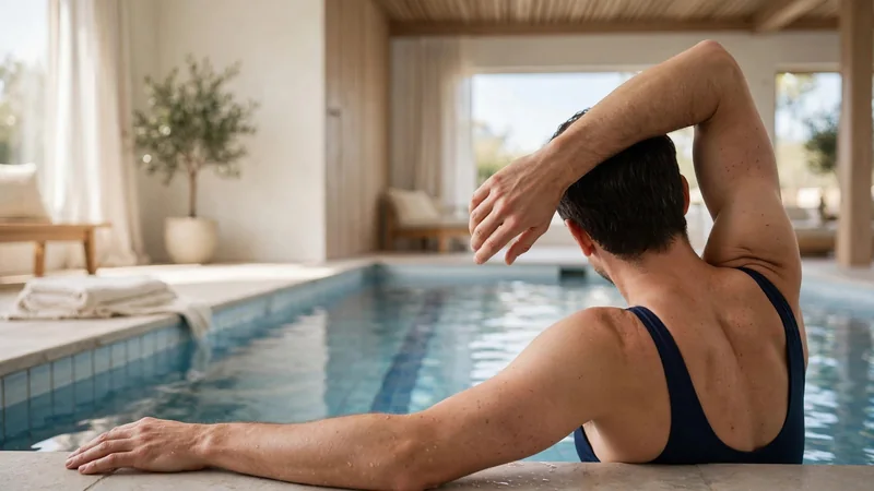 A swimmer's arm resting at the edge of a clear pool lane on a bright day, with the water still in the background.