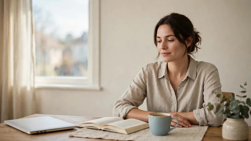 A person seated at a desk by a window, sitting up with the forearms resting lightly on the desk and a cup of coffee nearby.