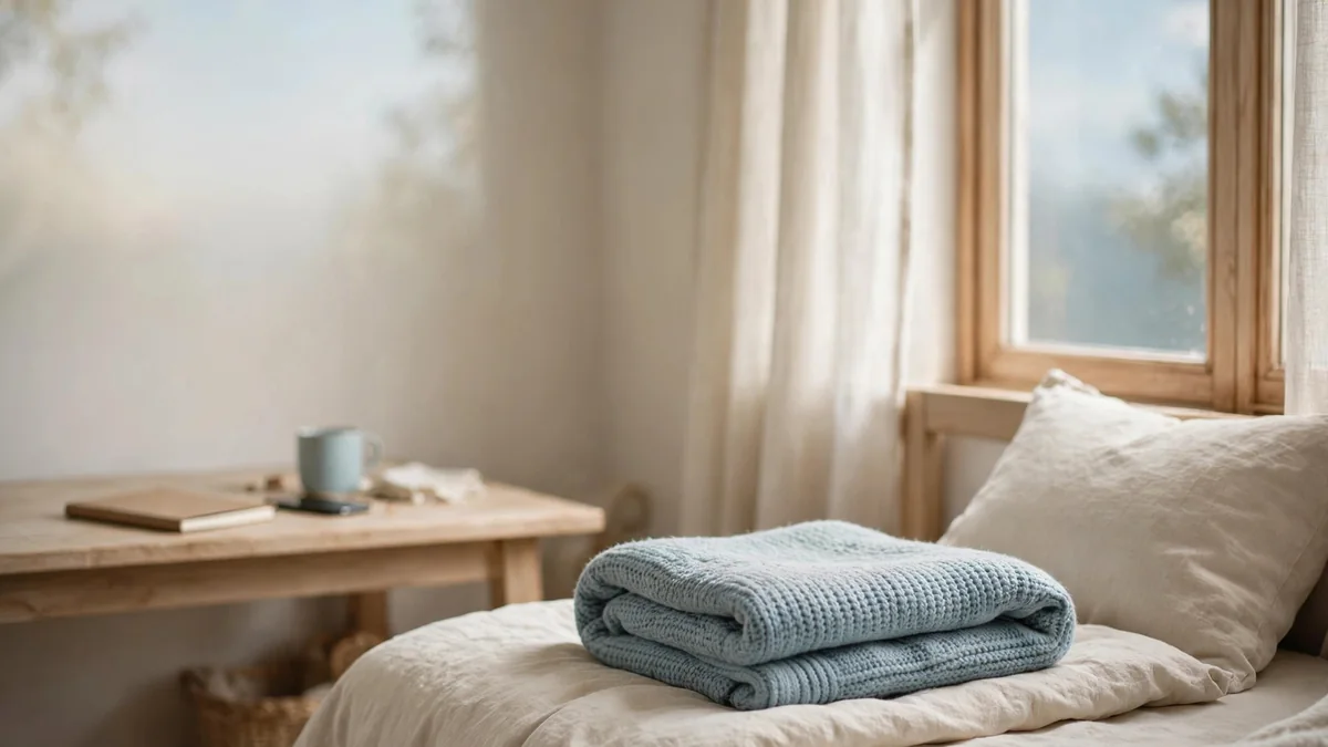 A folded blanket and a pillow arranged on a bed beside a window, with soft morning light.