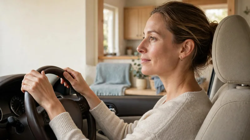 Hands resting on a steering wheel of a parked car, with the driver's seat and headrest visible in the frame.