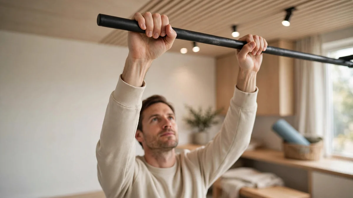 A person's hands gripping a metal bar in a bright, empty gym, with the ceiling lights visible overhead.