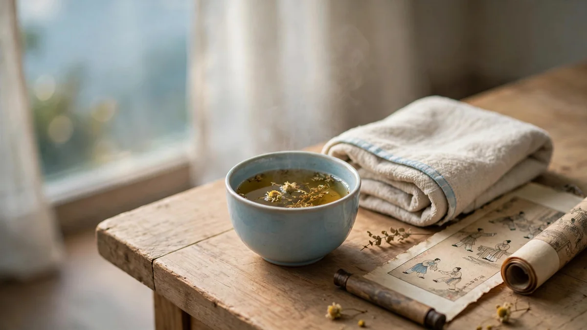 Warm cup of herbal tea and a folded soft towel on a wooden table beside a window in daylight