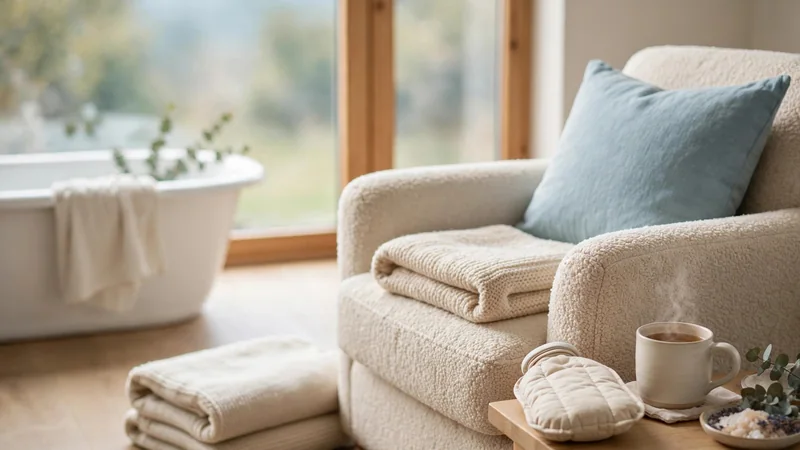 A comfortable armchair with a folded blanket beside a large window in soft daylight