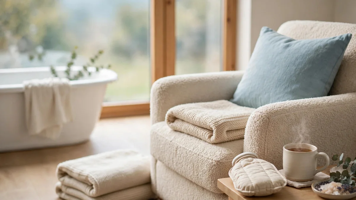 A comfortable armchair with a folded blanket beside a large window in soft daylight