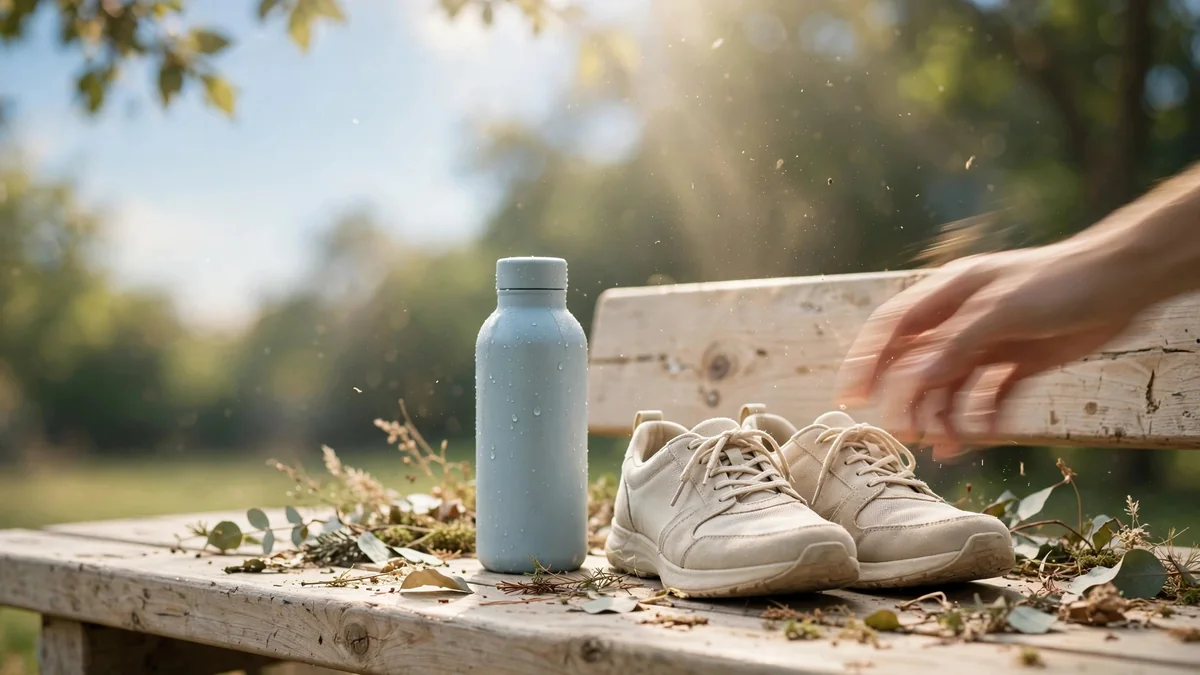 Pair of walking shoes beside a water bottle on a bench in a sunny park