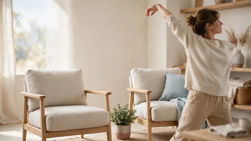 Two matching armchairs side by side in a bright living room with a small plant between them