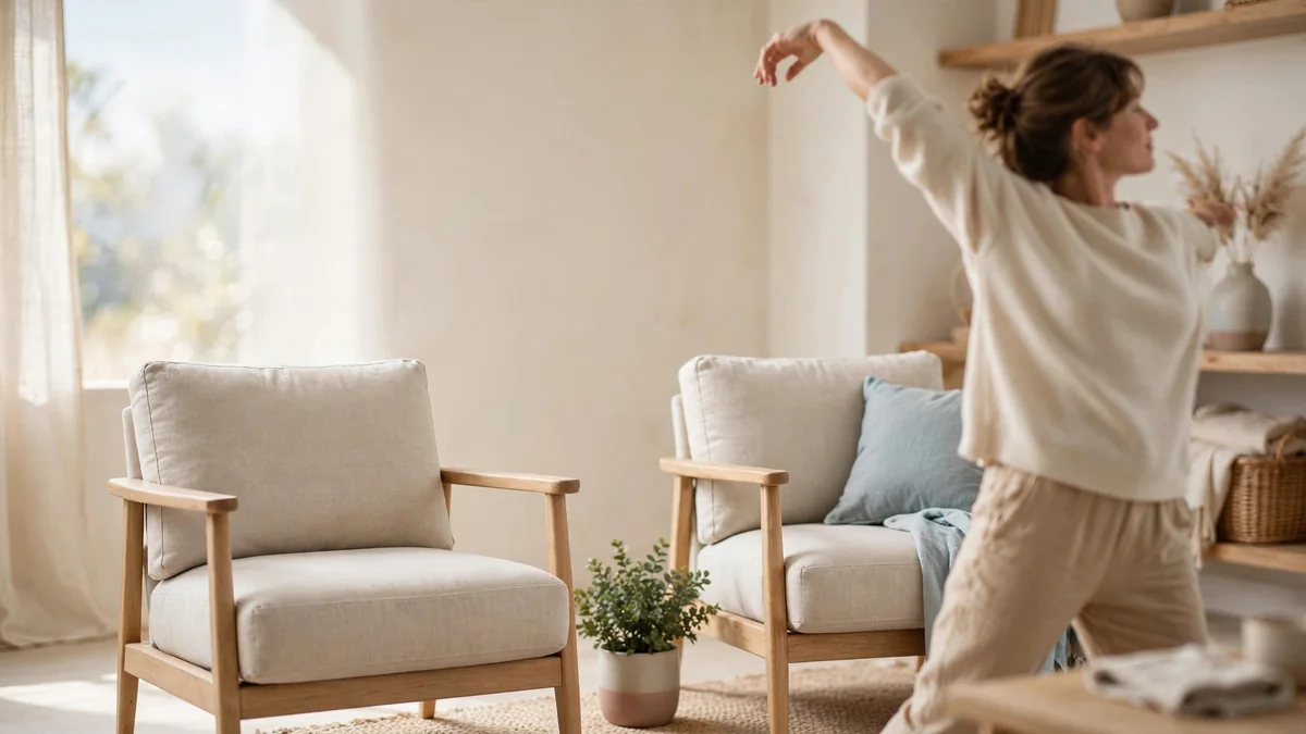 Two matching armchairs side by side in a bright living room with a small plant between them