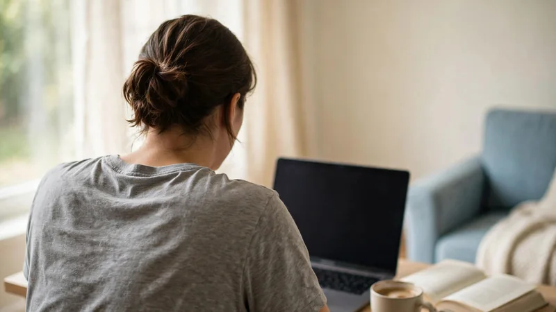 Person's upper back in a plain grey shirt seated at a desk with a laptop and a cup of coffee