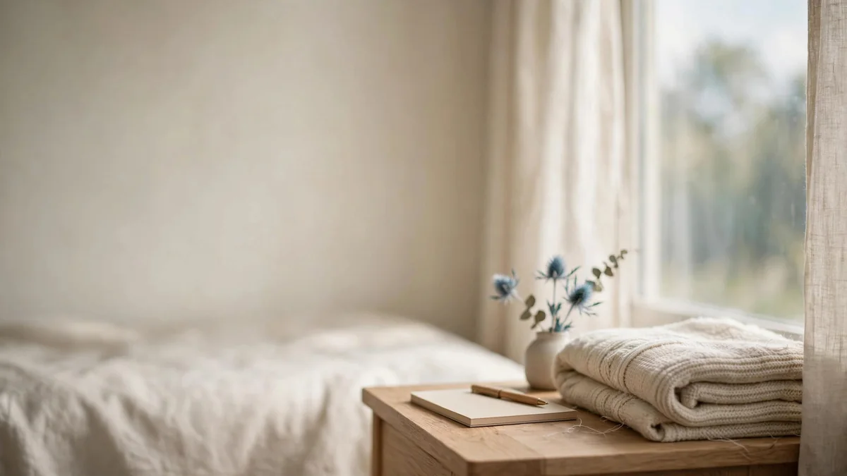 Folded blanket and a notepad with a pen on a bedside table beside a window