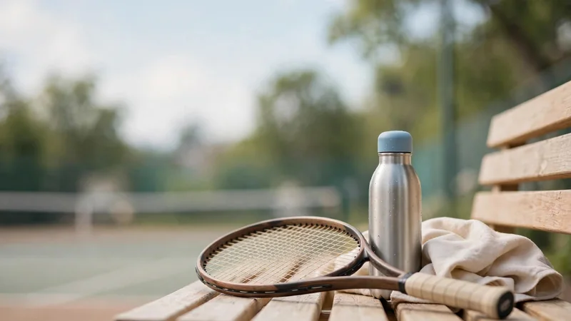 Tennis racket and a water bottle resting on a court bench in soft daylight