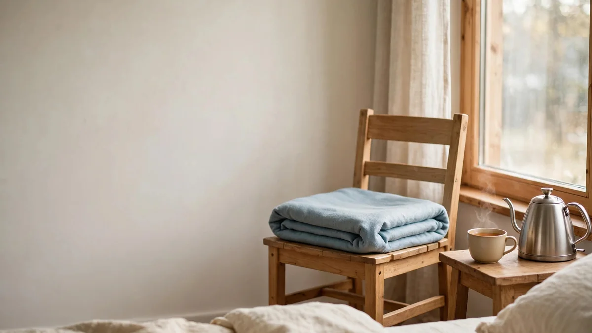 A simple wooden chair beside a window with a folded blanket and a cup of tea on a side table