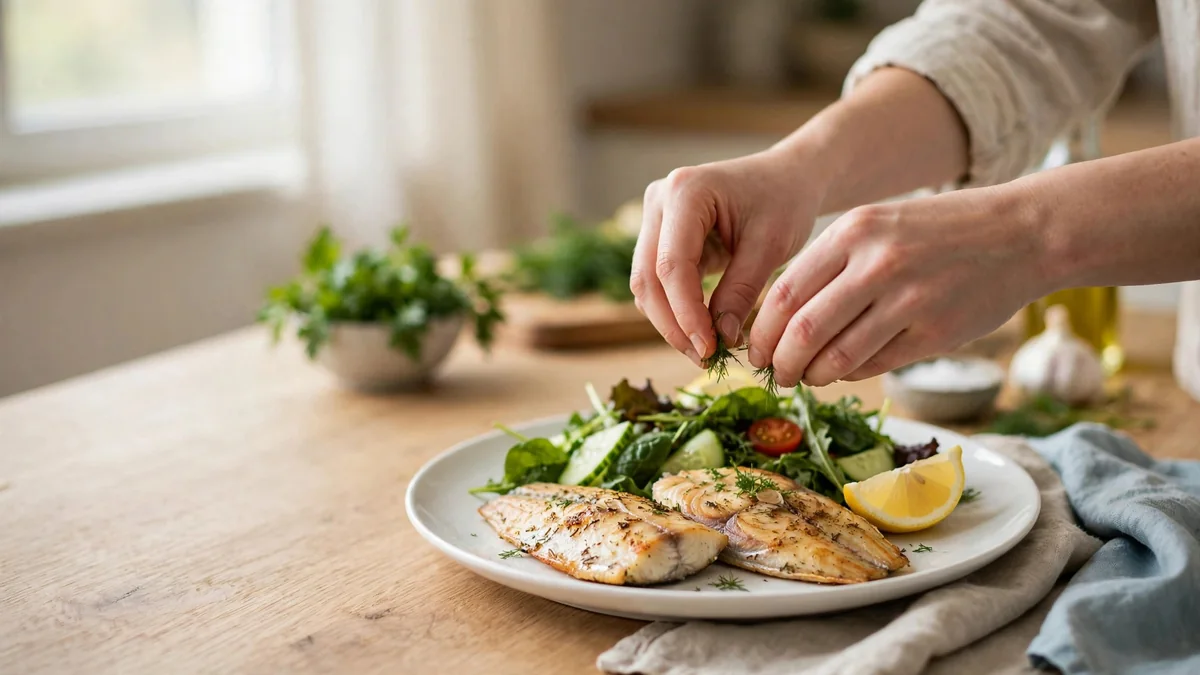 Cooked fish fillets, a lemon wedge and green salad on a plain white plate