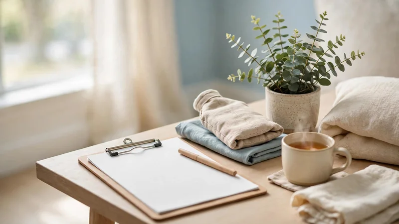 A clipboard and pen on a desk beside a potted plant in a bright room