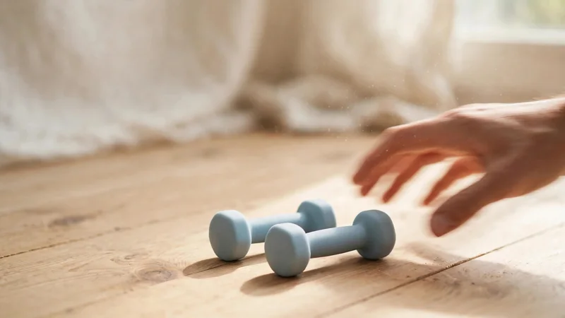 Two matching light hand weights set side by side on a wooden floor