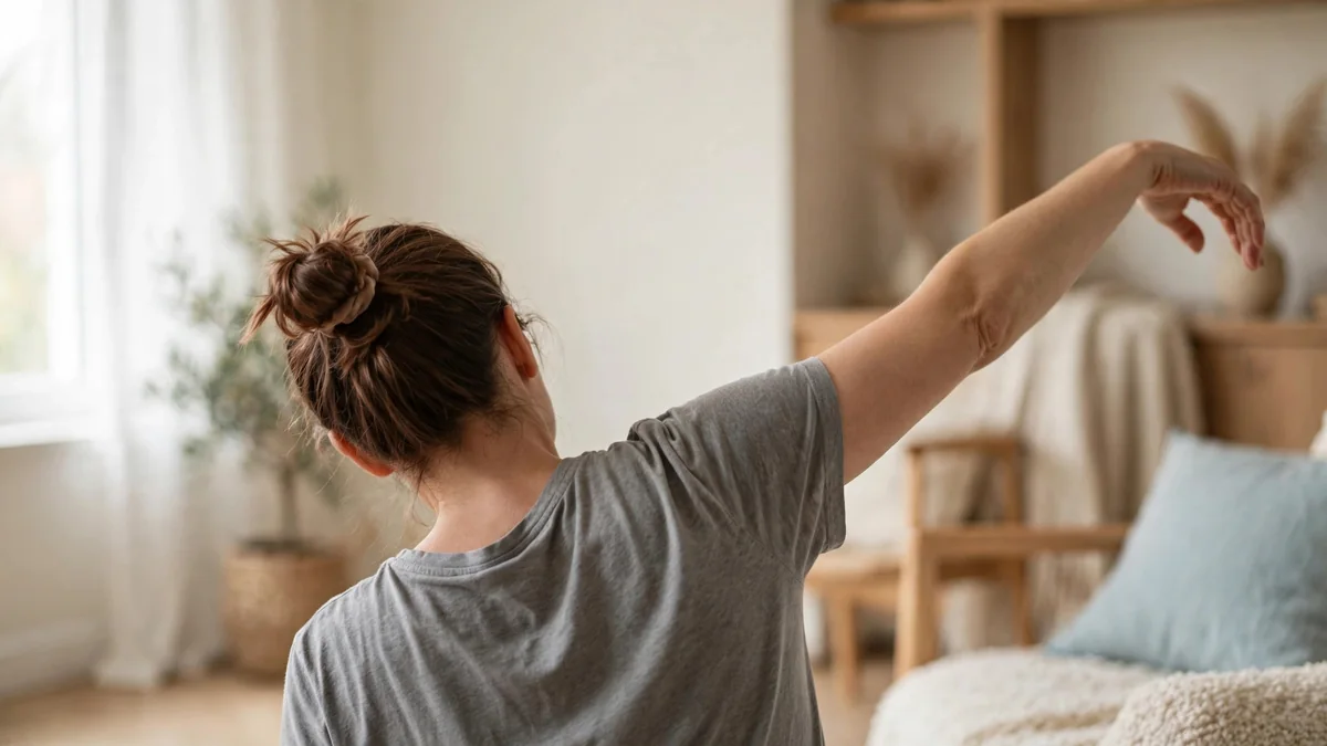 A person's shoulder and upper back in a plain grey t-shirt, seen from behind in soft daylight