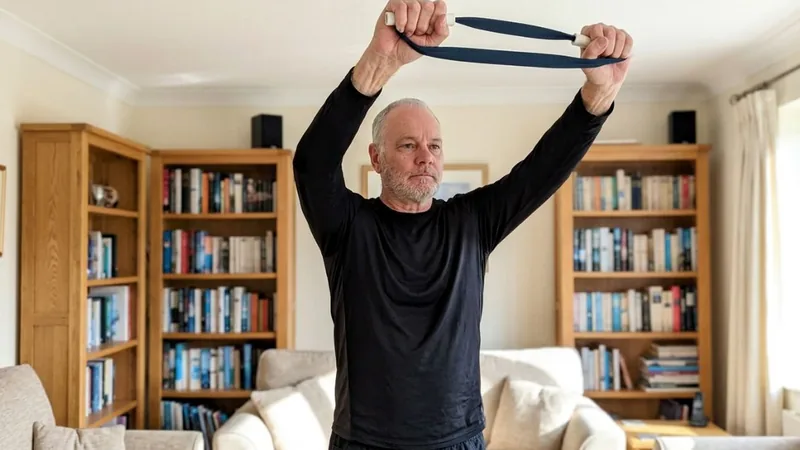 Van, founder of ShoulderBack Pro, standing in his living room holding the trainer overhead