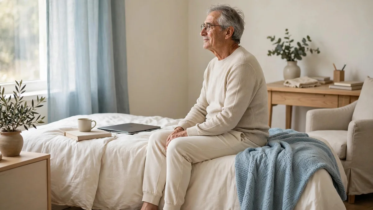 An older adult sitting on the edge of a made bed in a bright bedroom, feet flat on the floor, relaxed shoulders.