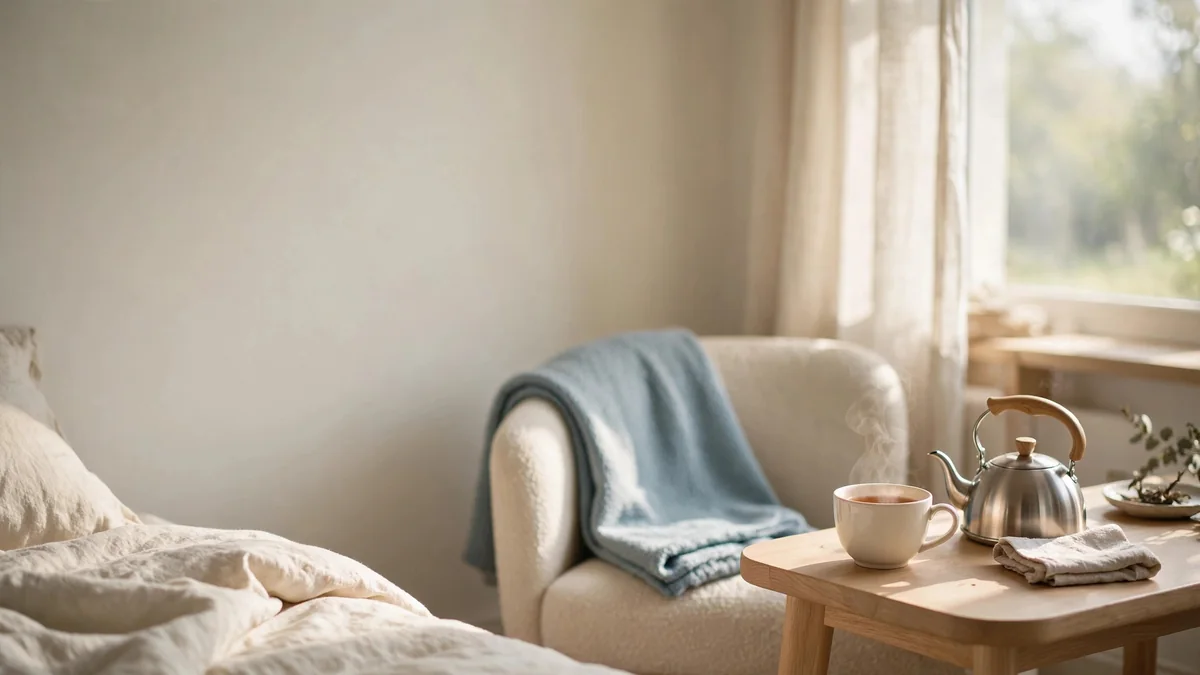 A calm room with a cup of tea on a side table and a folded blanket on a soft chair, bright morning light through a window.