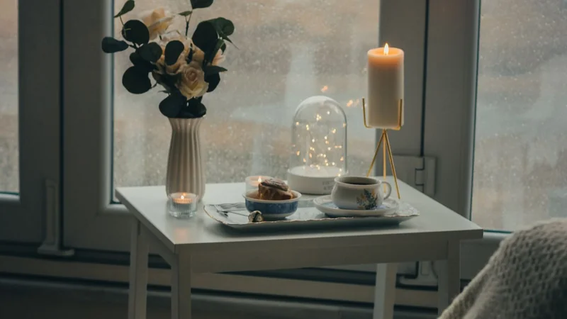 Morning light on a kitchen window beside a cup of tea and a folded blanket on a chair.