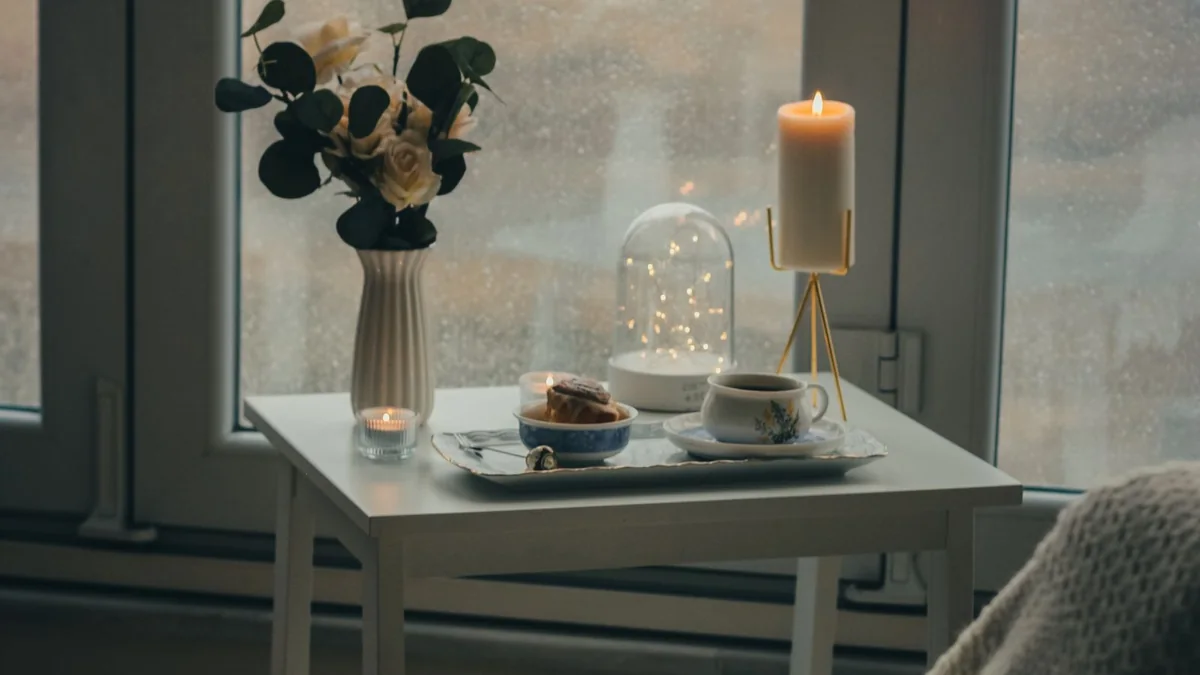 Morning light on a kitchen window beside a cup of tea and a folded blanket on a chair.