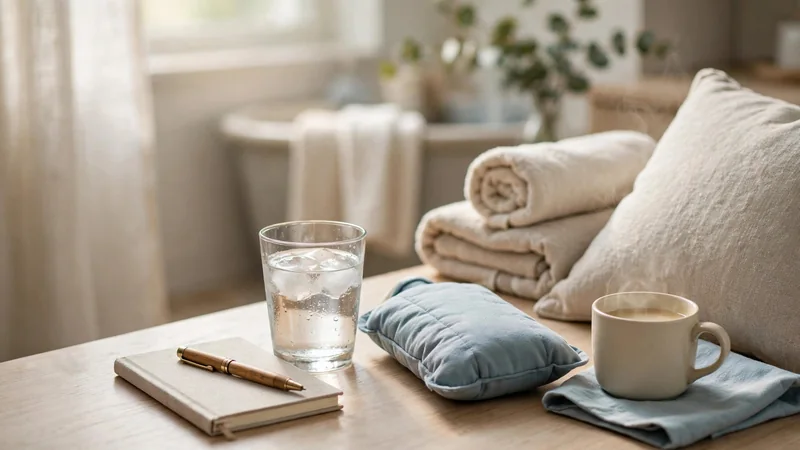 A glass of water and a small notebook with a pen on a kitchen counter